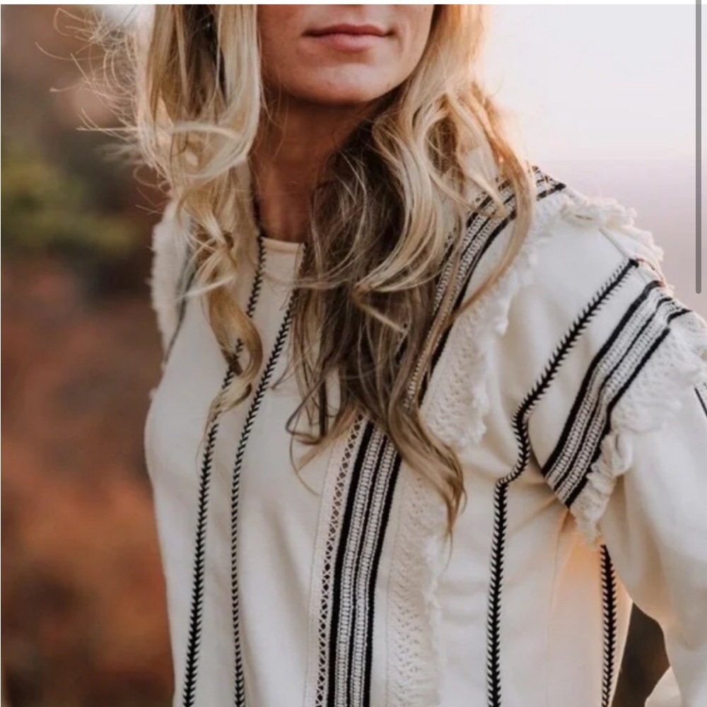 Anthropologie Eri + Ali Santillana Fringed Embroidered Boho Cotton Top